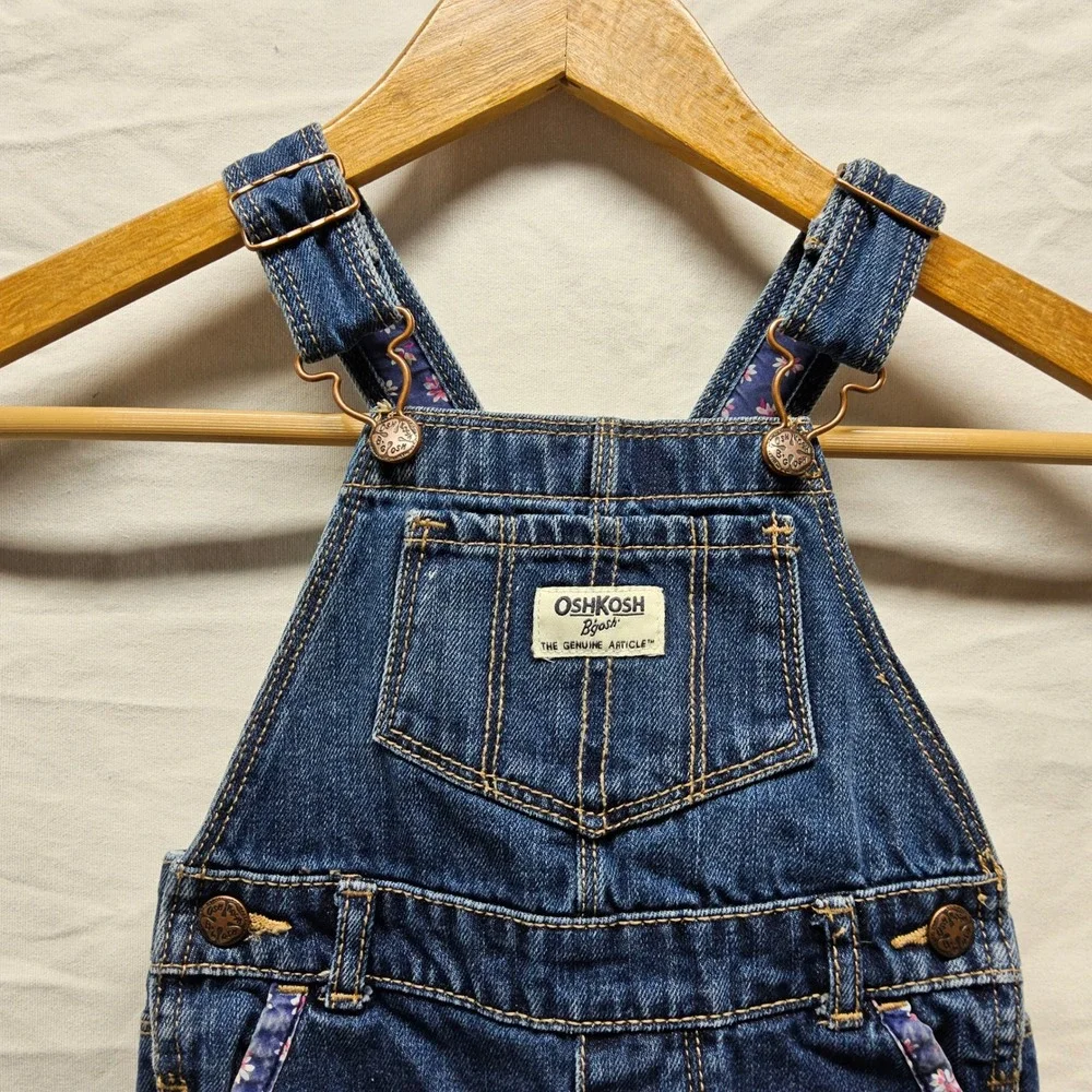 OshKosh B'gosh Denim Overalls Toddler Girls 18M Blue Floral Trim Vestbak